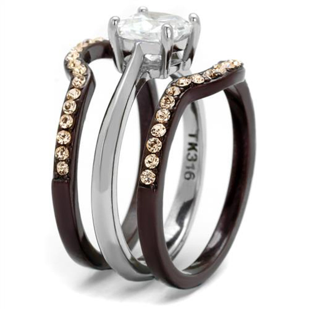 ARTK1343PC Stainless Steel 1.85 Ct Cushion Cut CZ Brown Wedding Ring Set Women's Size 5-10